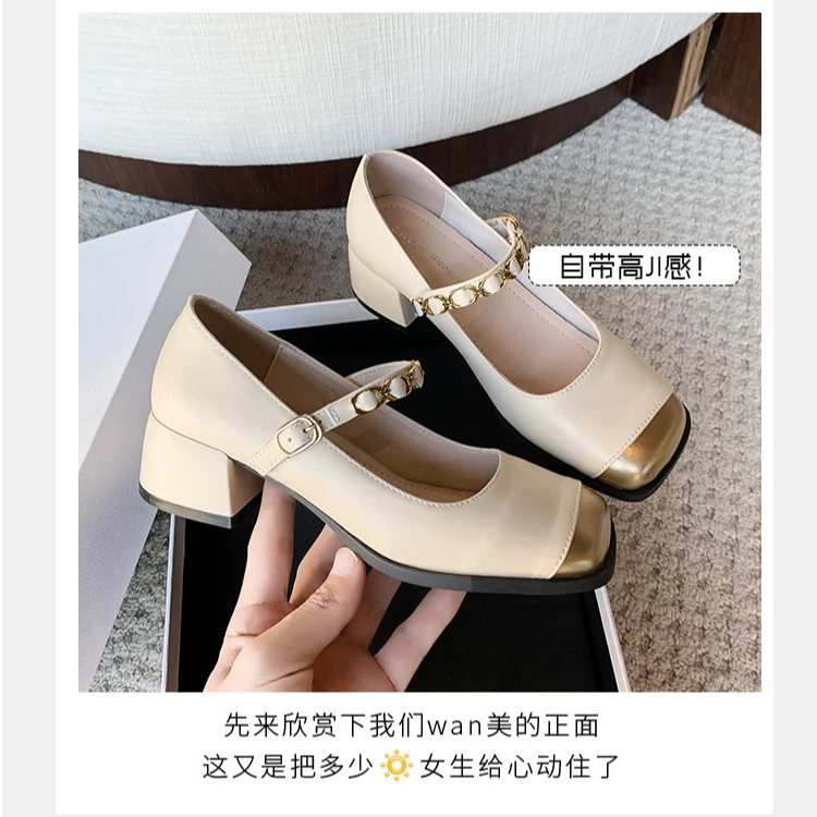 法式低跟方头水钻扣玛丽珍鞋女2025年春季新款粗跟浅口奶奶鞋单鞋