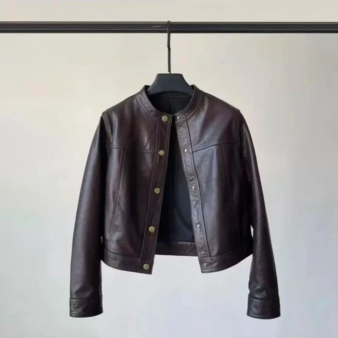 海宁复古气质长袖高级感小立领皮衣女款春秋季短款机车夹克A25-48