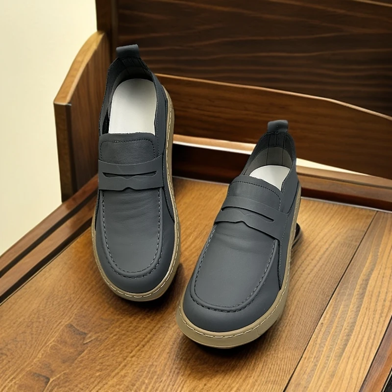 2025手工头层牛皮鞋一脚蹬平跟乐福鞋豆豆鞋软底男士单鞋透气平底