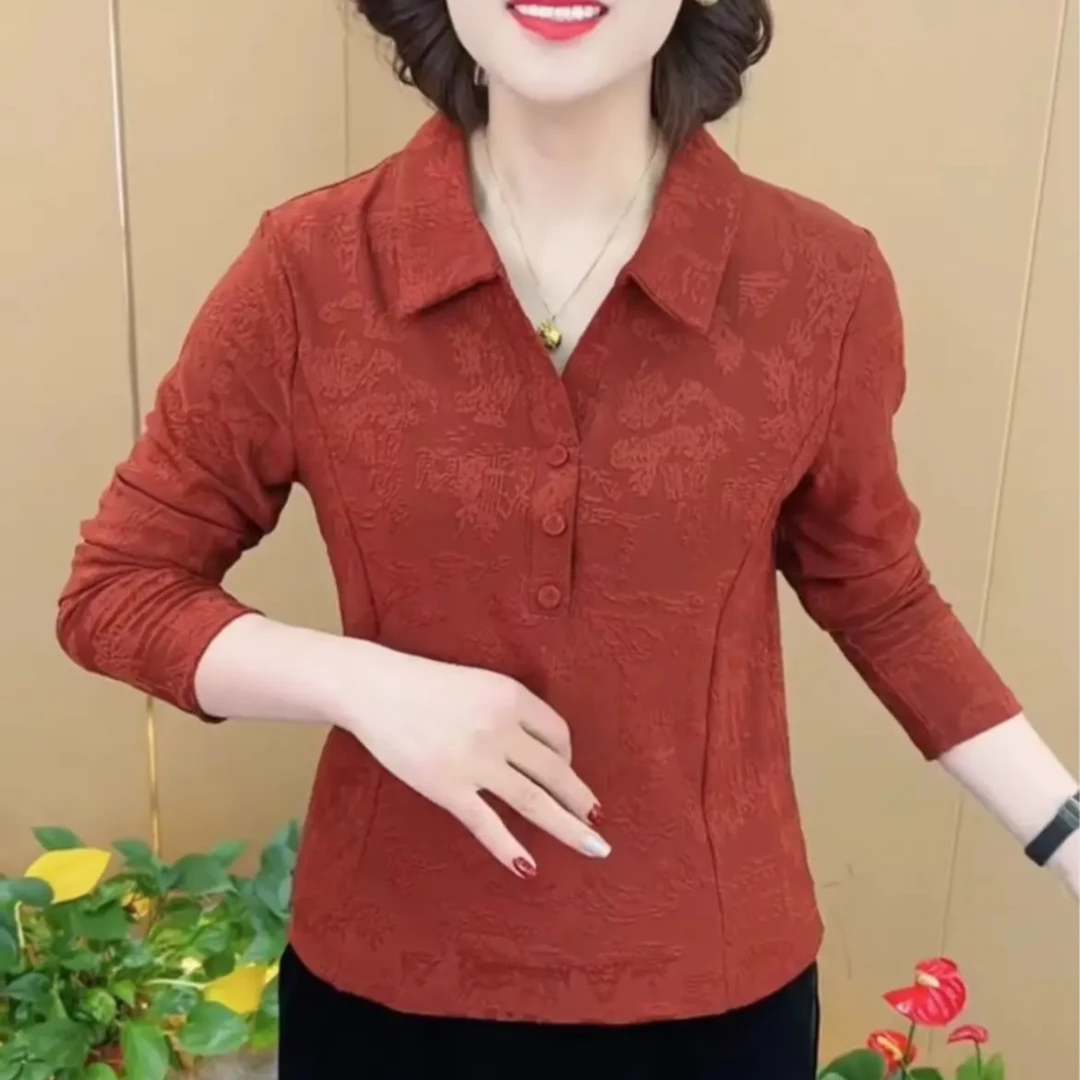2025年春季新款新中式打底衫女式提花翻领