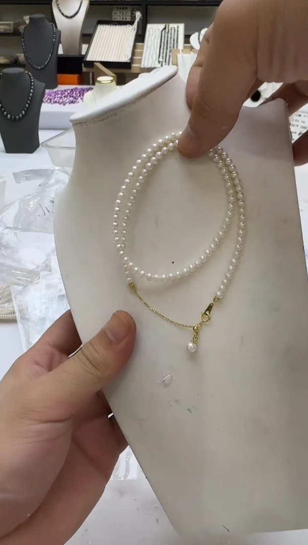 淡水珍珠银S925镶嵌项链4mm 吊小珠-金色尾链