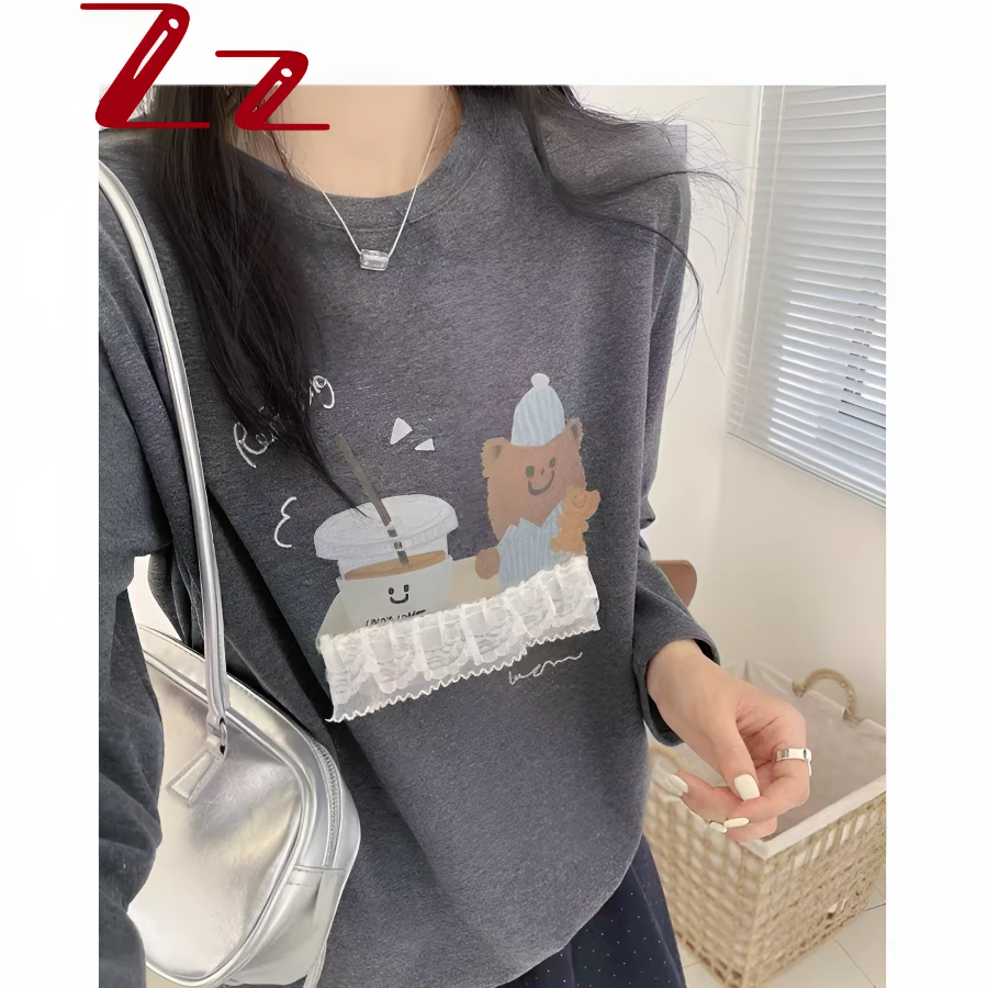 25新款东大门韩版奶茶小熊长袖棉T恤