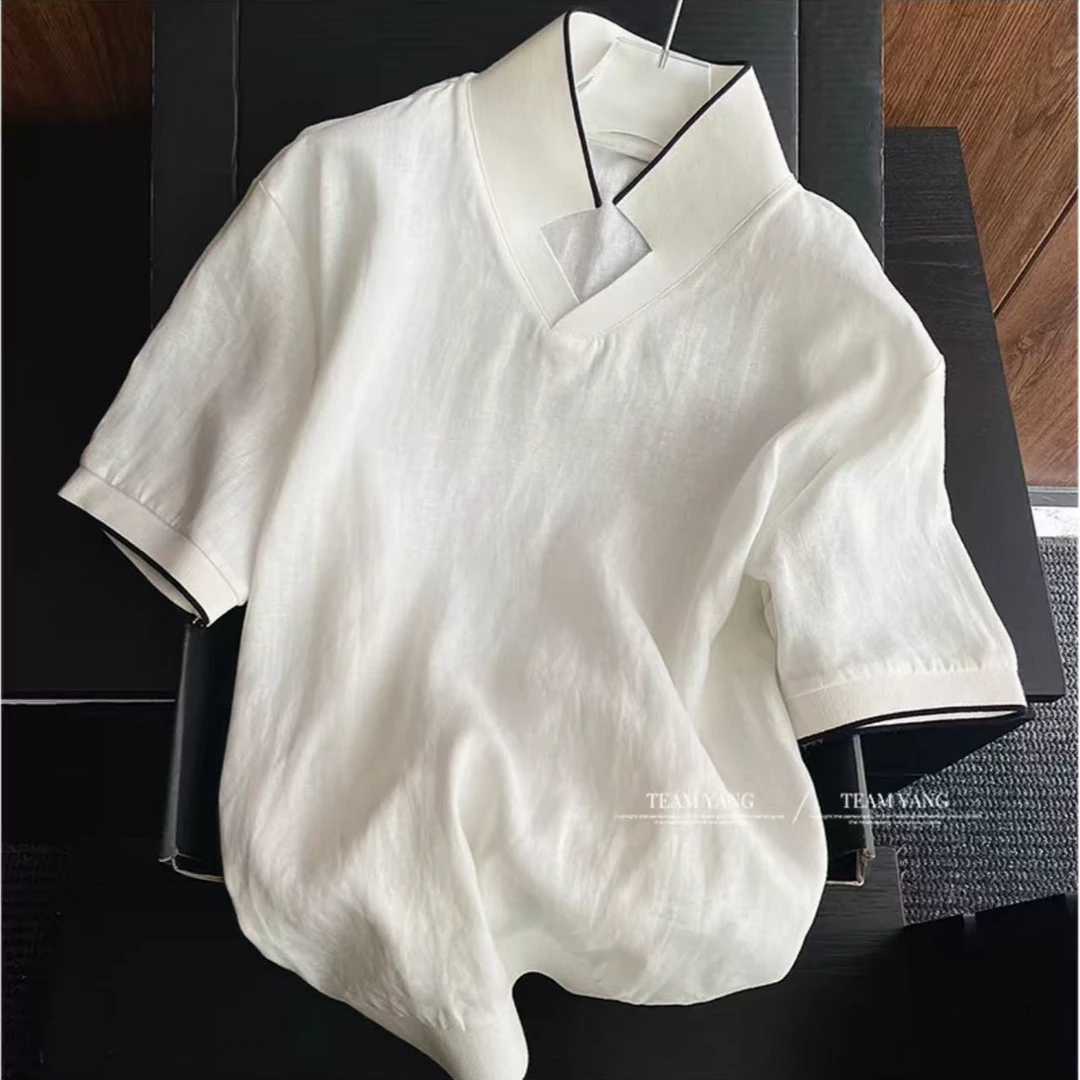 Team Yang-夏季亚麻系列极简海鸥领老钱风T恤螺纹松紧下摆4116
