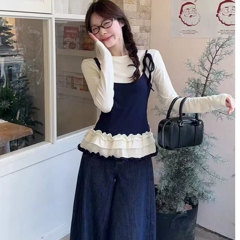 韩系芭蕾风撞色吊带假俩件内搭T恤女早春小众设计感花边别致上衣