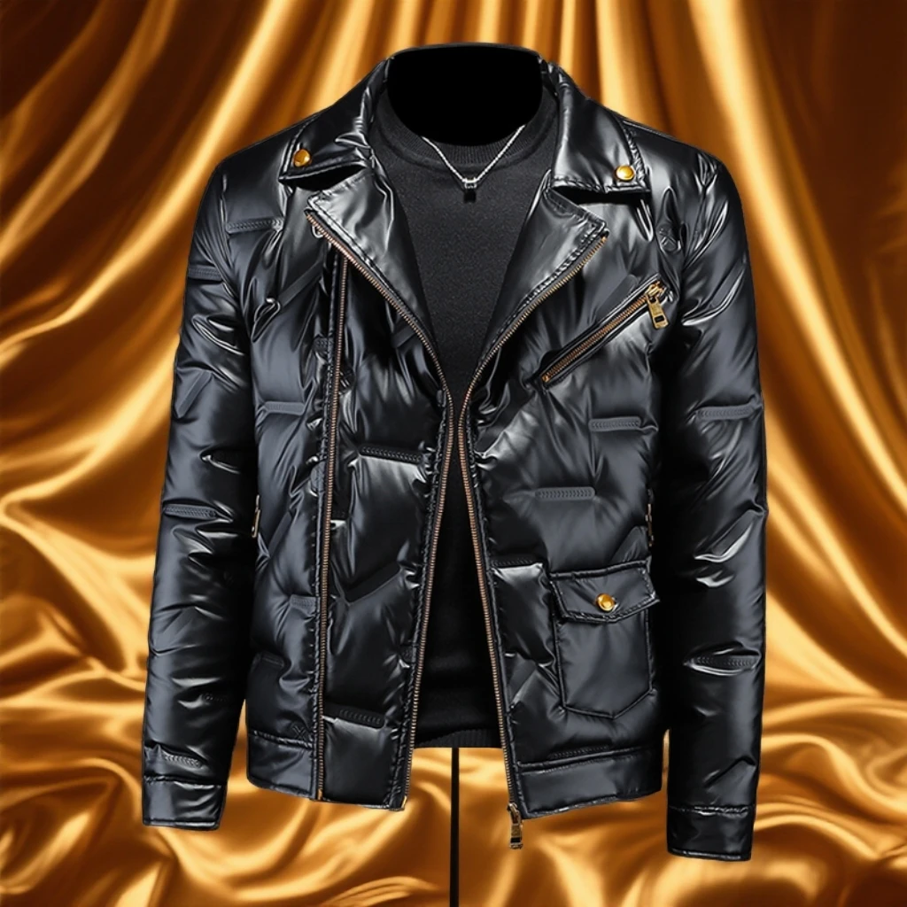 维斯克纳亮面西装领羽绒服男士冬季拉链修身白鸭绒休闲大码外套潮