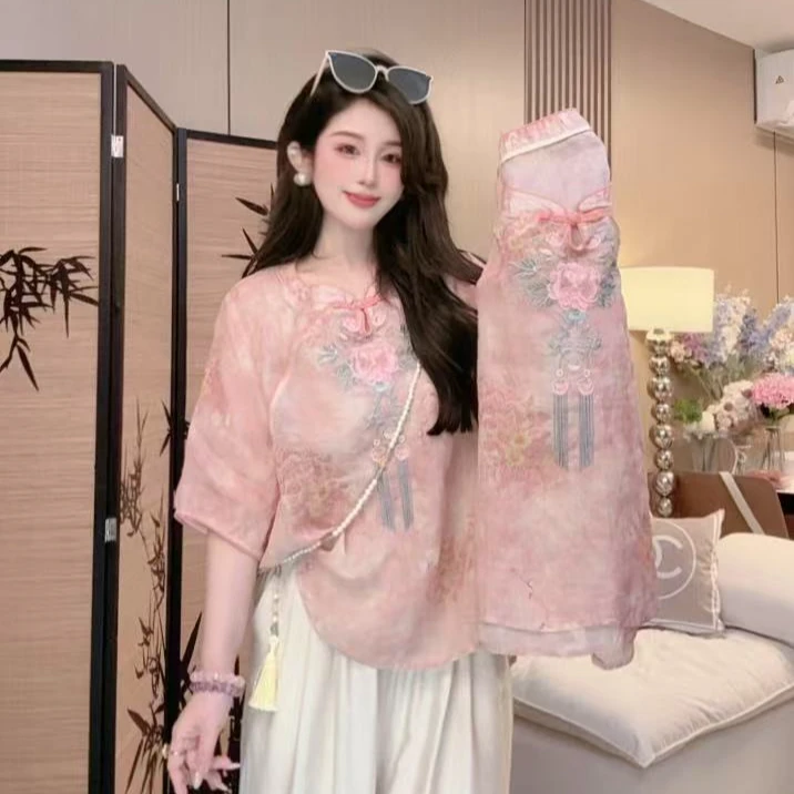 2025新款新款中式国风复古立领盘扣宽松T恤文艺刺绣上衣小衫