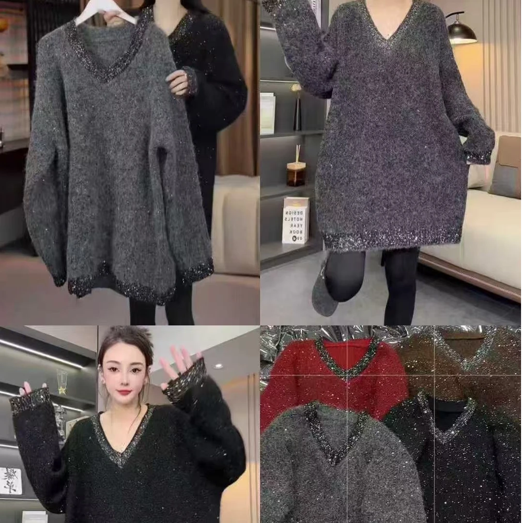 V领亮片加厚针织新年款