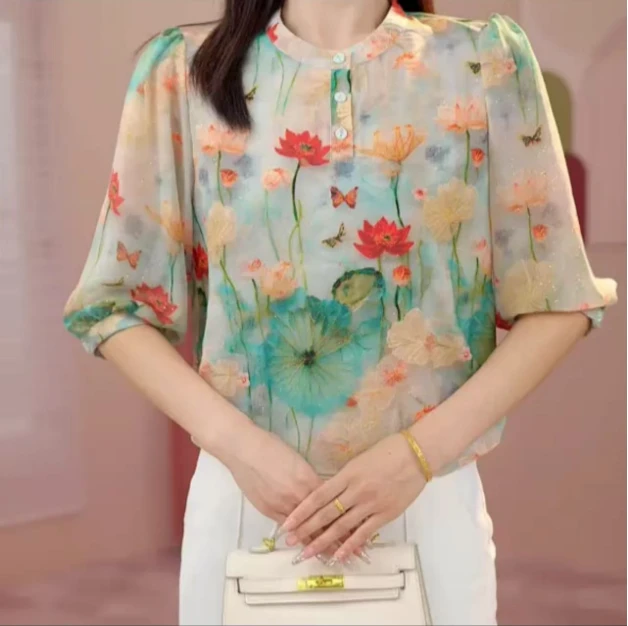 女装气质印花圆领套头中袖小衫夏季新款时尚休闲遮肉透气衬衫