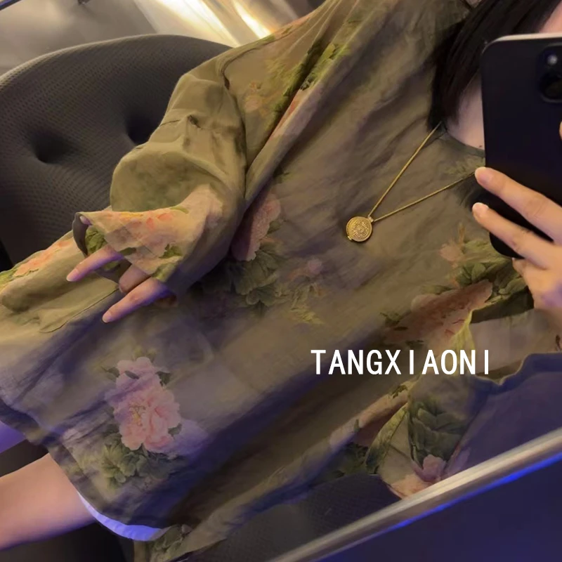 2店 渠道货 亚绿色花花麻麻子上衣   慵懒版