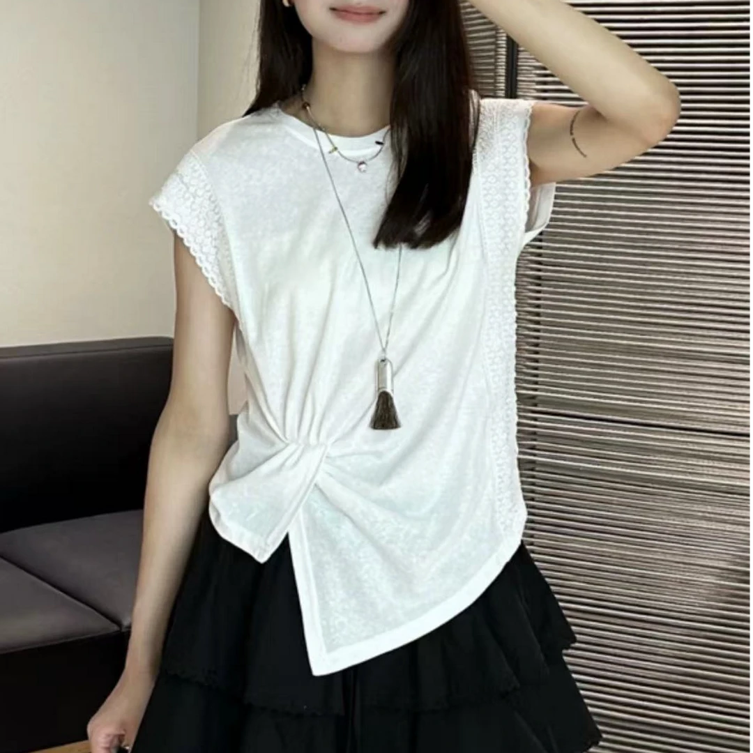 【锦衣服饰】NI 6729韩系蕾丝边拼接不规则圆领短袖T