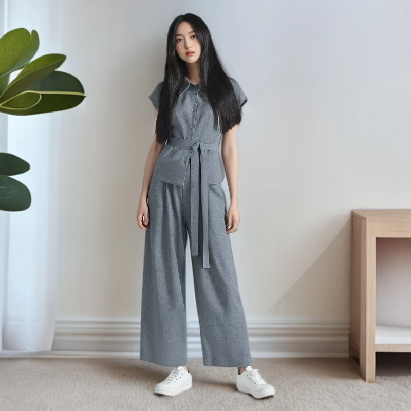 灰色套装女2025夏季新款收腰系带衬衫百搭长裤两件套