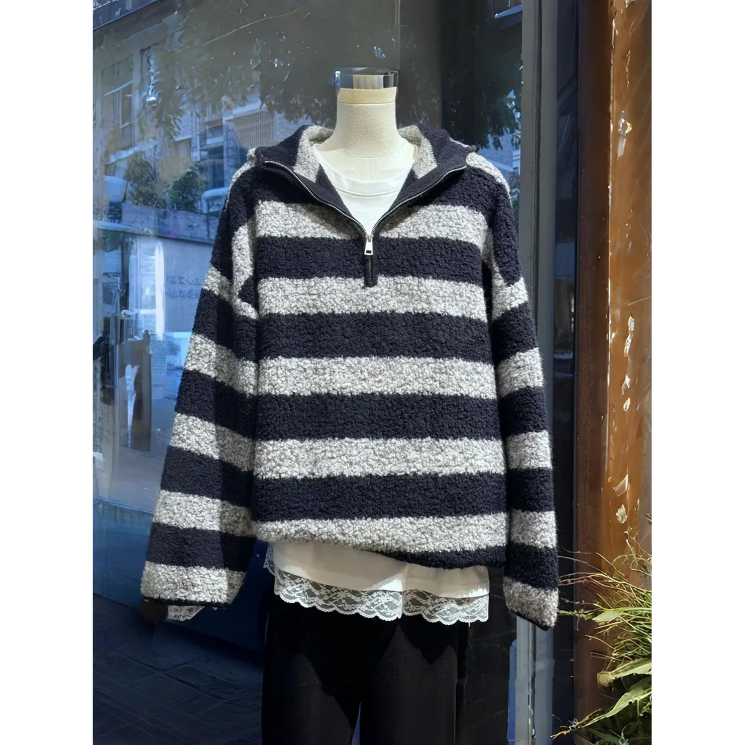 颜值真的很nice！半拉链连帽针织衫女毛衣慵懒条纹百搭高级感上衣