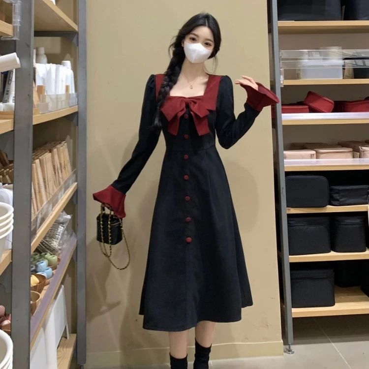 大码法式长袖连衣裙春季收腰显瘦蝴蝶结长裙胖MM赫本风气质裙1612