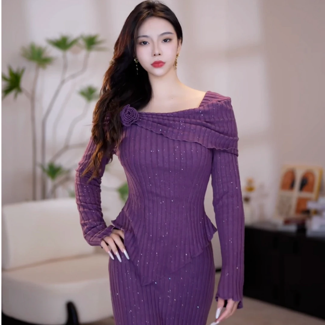 【雯婷】紫罗兰秋冬新款法式显瘦假两件鱼尾连衣裙-YL12046