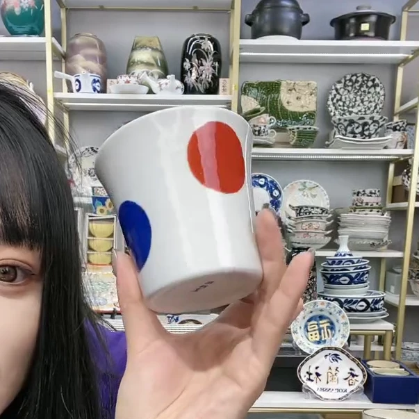 新福利二【2支】日本进口有田烧红蓝波点茶杯
