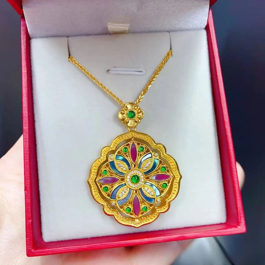足金999手工螺钿鎏彩工艺锦绣繁花莫桑吊坠