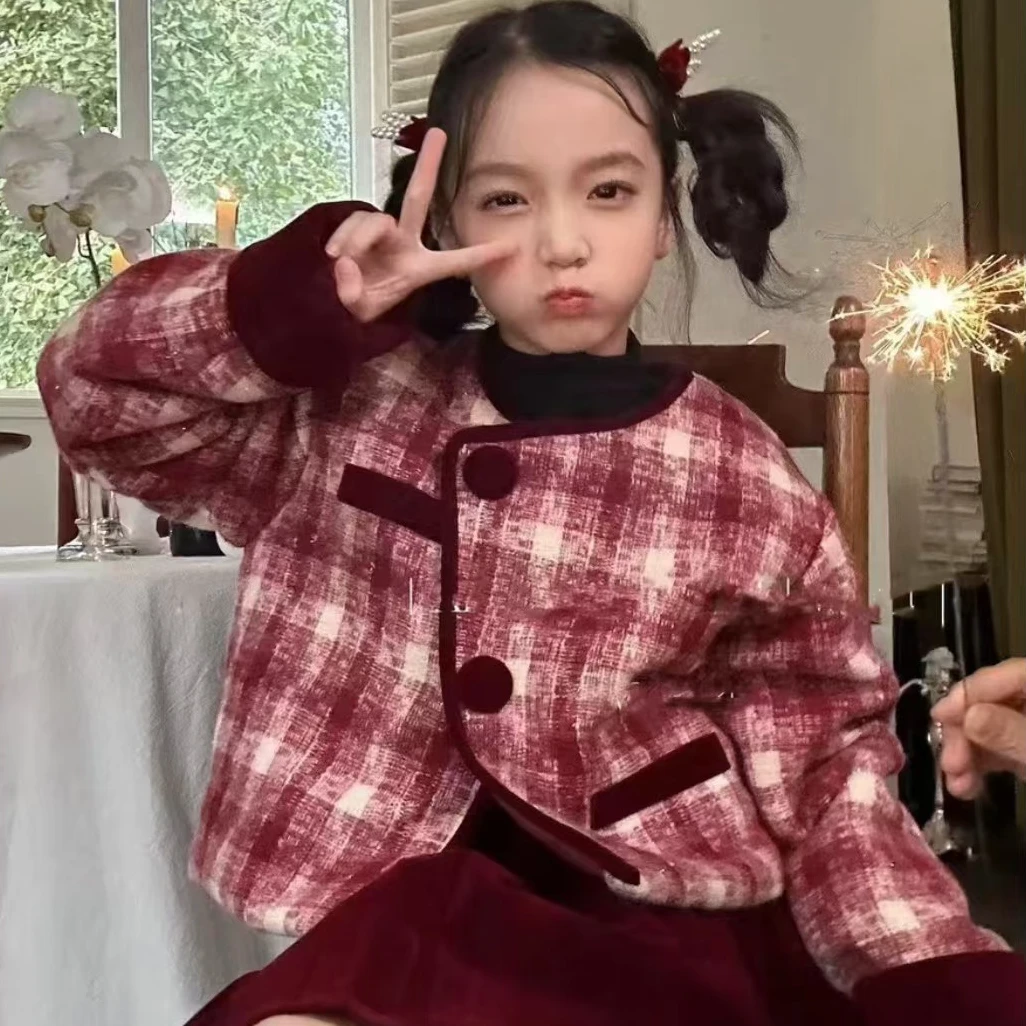 241817 女童冬季韩版夹棉加厚休闲格子拜年服裙子套装