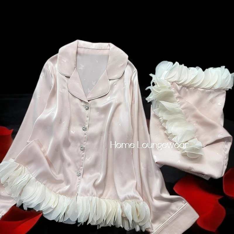 冰丝睡衣女春秋季新款蝴蝶结甜美高级感长袖可外出慵懒宽松家居服