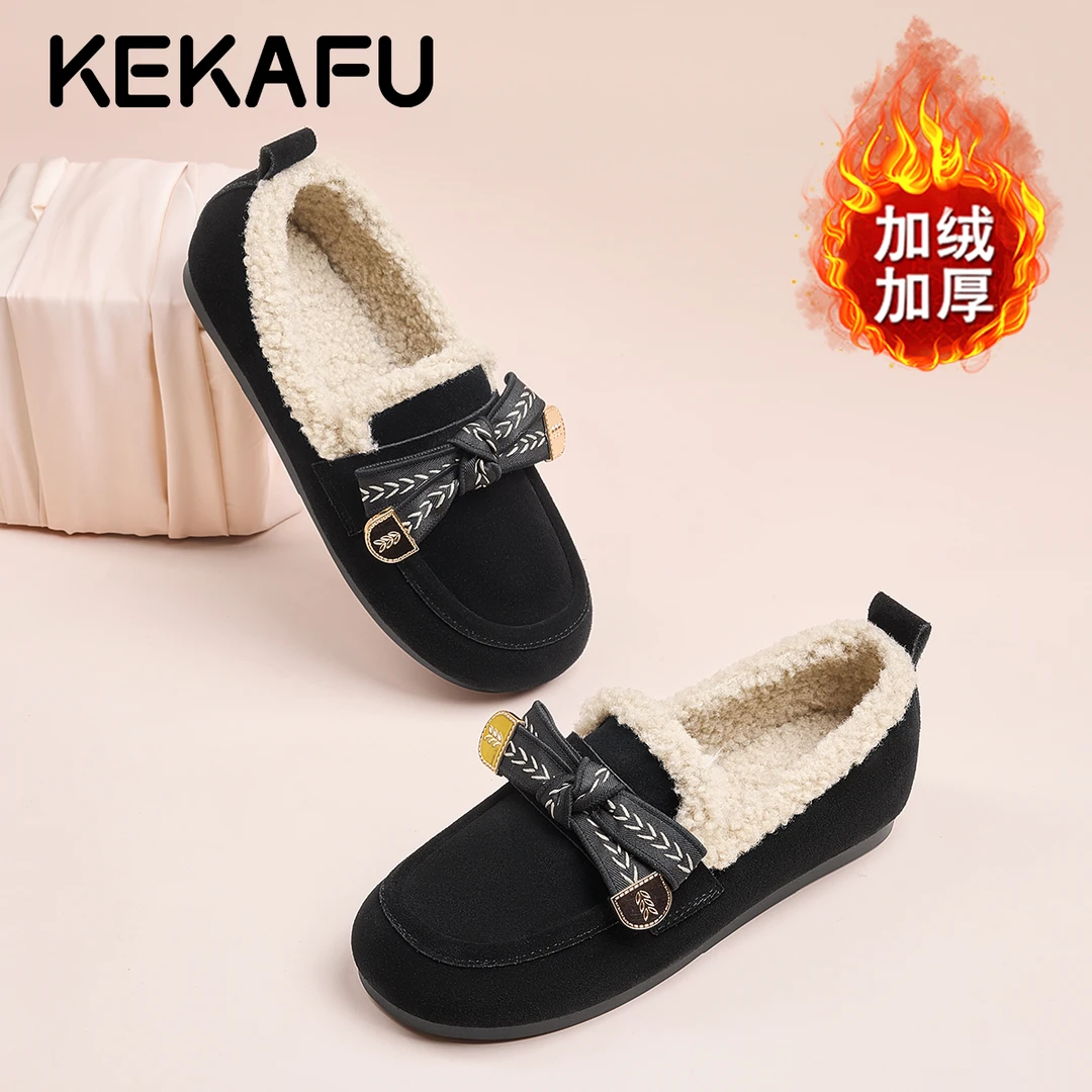 珂卡芙真皮平底豆豆鞋软底外穿一脚蹬毛毛鞋加绒保暖不累脚勃肯鞋