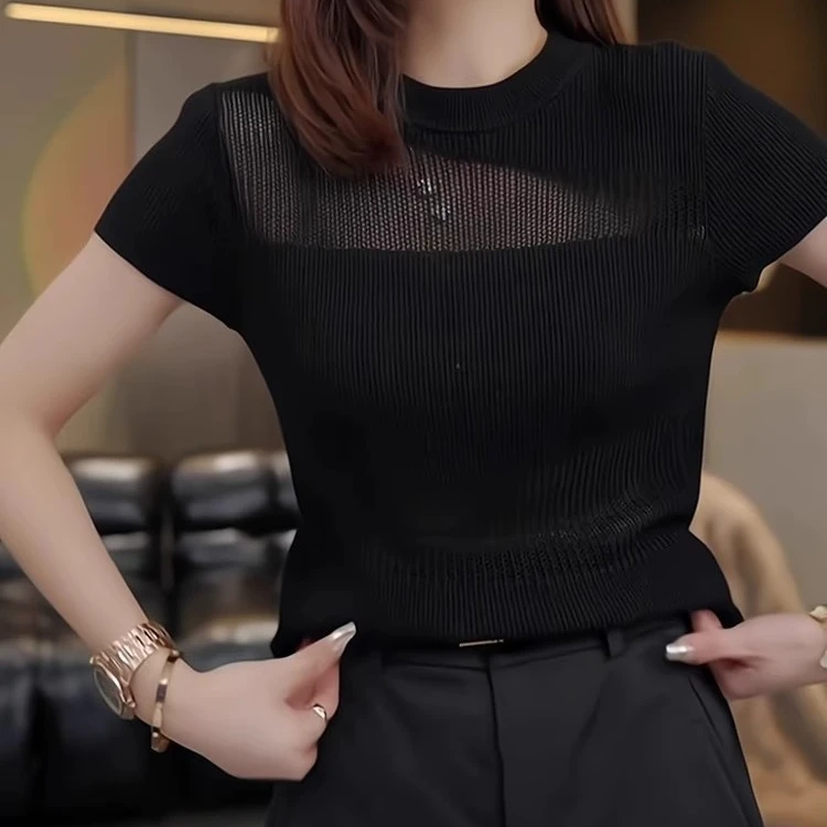 高级感黑色镂空针织短袖t恤女夏季新款宽松显瘦打底衫气质上衣