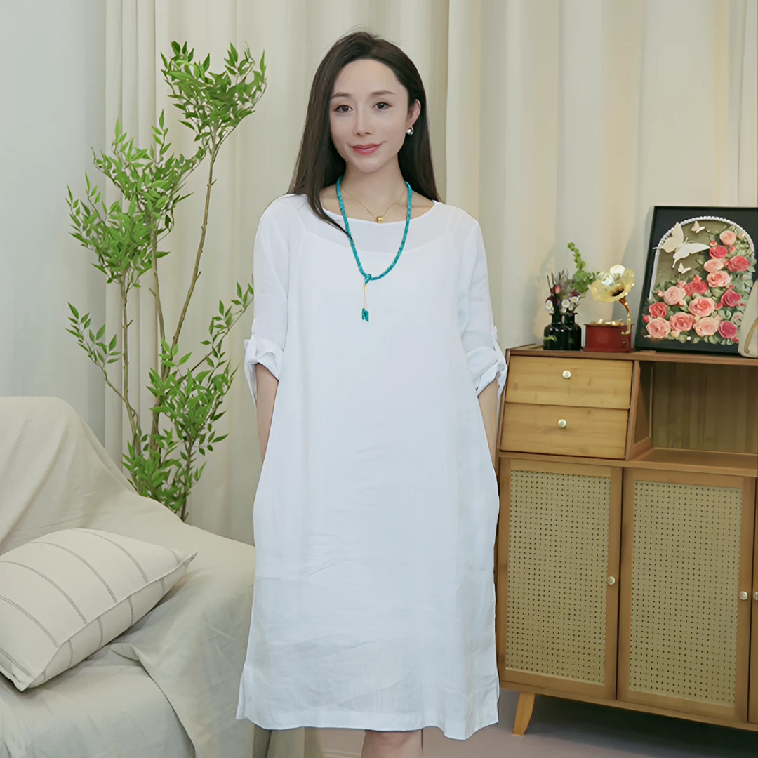 依品麻【100亚麻连衣裙】度假风中袖宽松禅意圆领中长裙BYW232DR17