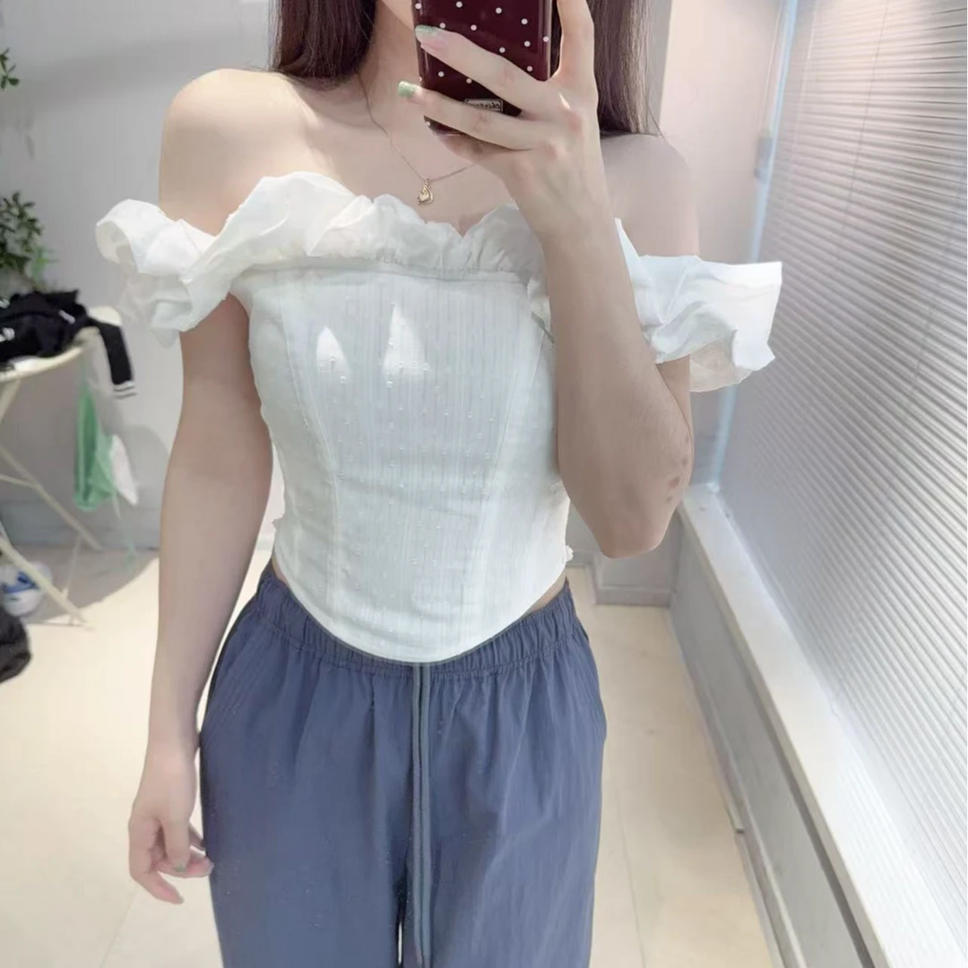 “白茶清欢”自带氛围感！法式一字肩立体木耳边 仙气白色短上衣两穿