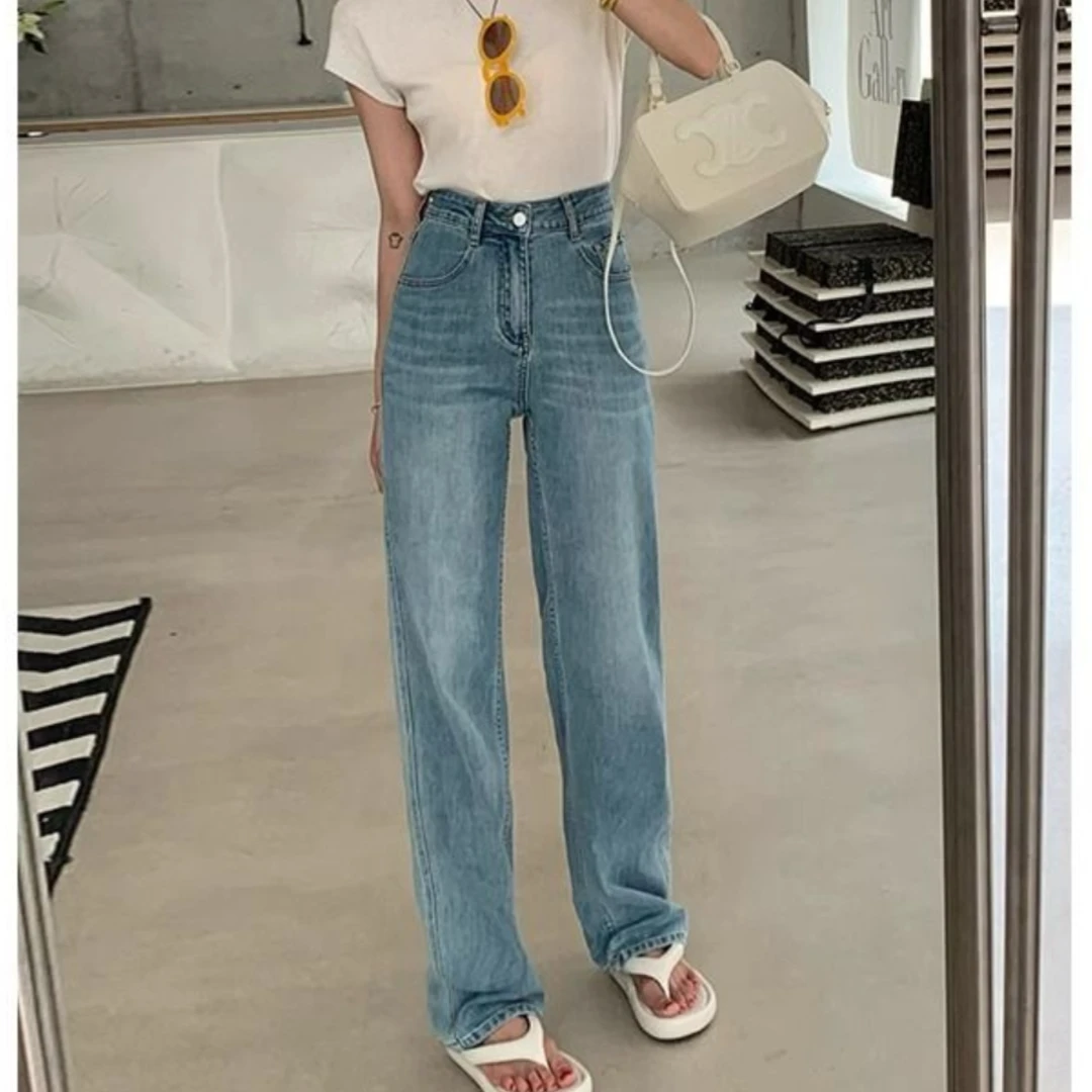 窄版直筒复古牛仔裤百搭裤子女高腰2025春季新款宽松弹力阔腿裤