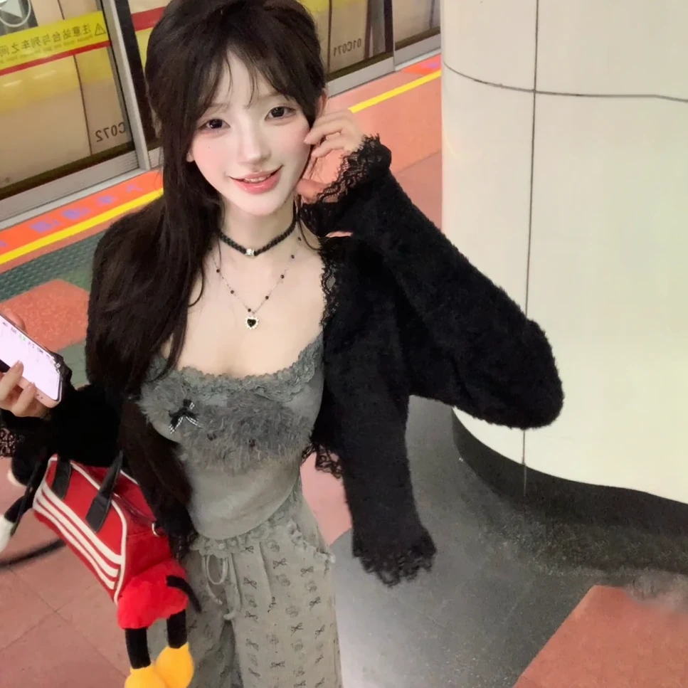 甜美长袖开衫显瘦慵懒风小狗吊带背心休闲通勤宽松长裤三件套装