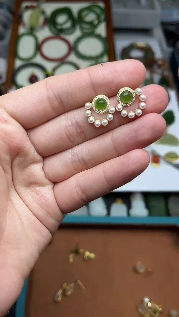 银S925镶嵌和田玉耳饰猫爪耳钉06