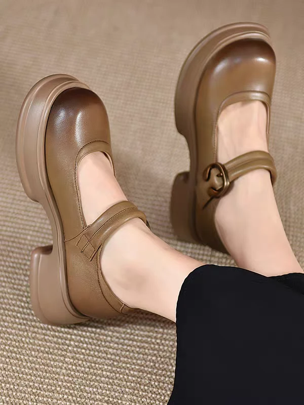 81105头层牛皮厚底复古手工百搭玛丽珍