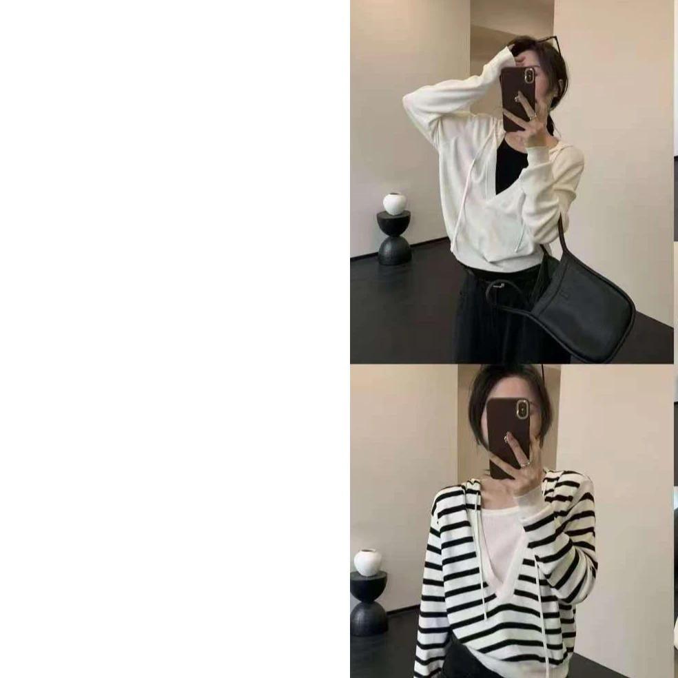 3122【蝶谷】2025春季新款连帽抽绳拼色假两件休闲针织衫