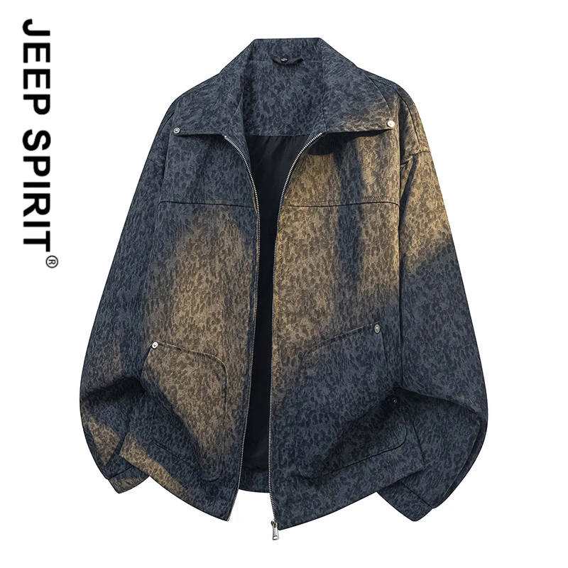 JEEPSPIRIT老钱风秋季外套男款2025新款潮流高级感豹纹飞行夹克潮