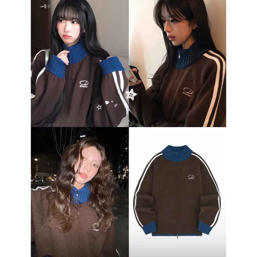 美式复古辣妹拼色立领设计感毛衣外套长袖宽松休闲百搭开衫上衣