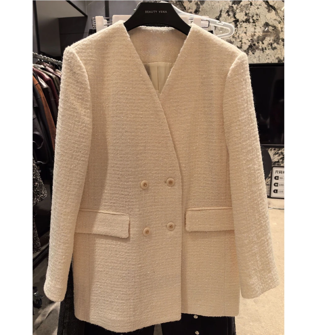 高级粗花呢小香风双排扣V领外套4WZP009
