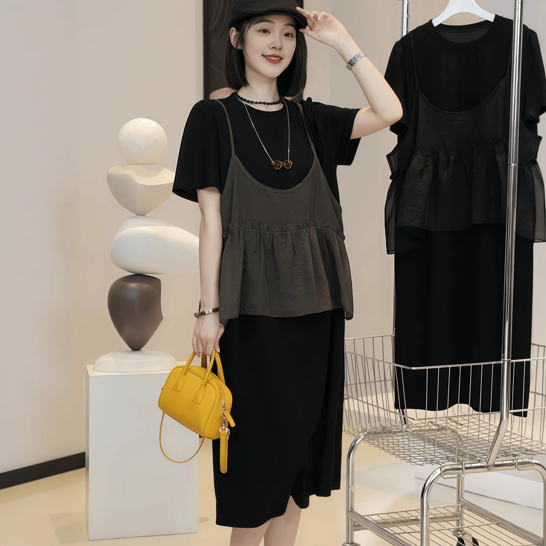 复古设计感拼接吊带连衣裙女2025夏季大码胖MM气质显瘦假两件长裙