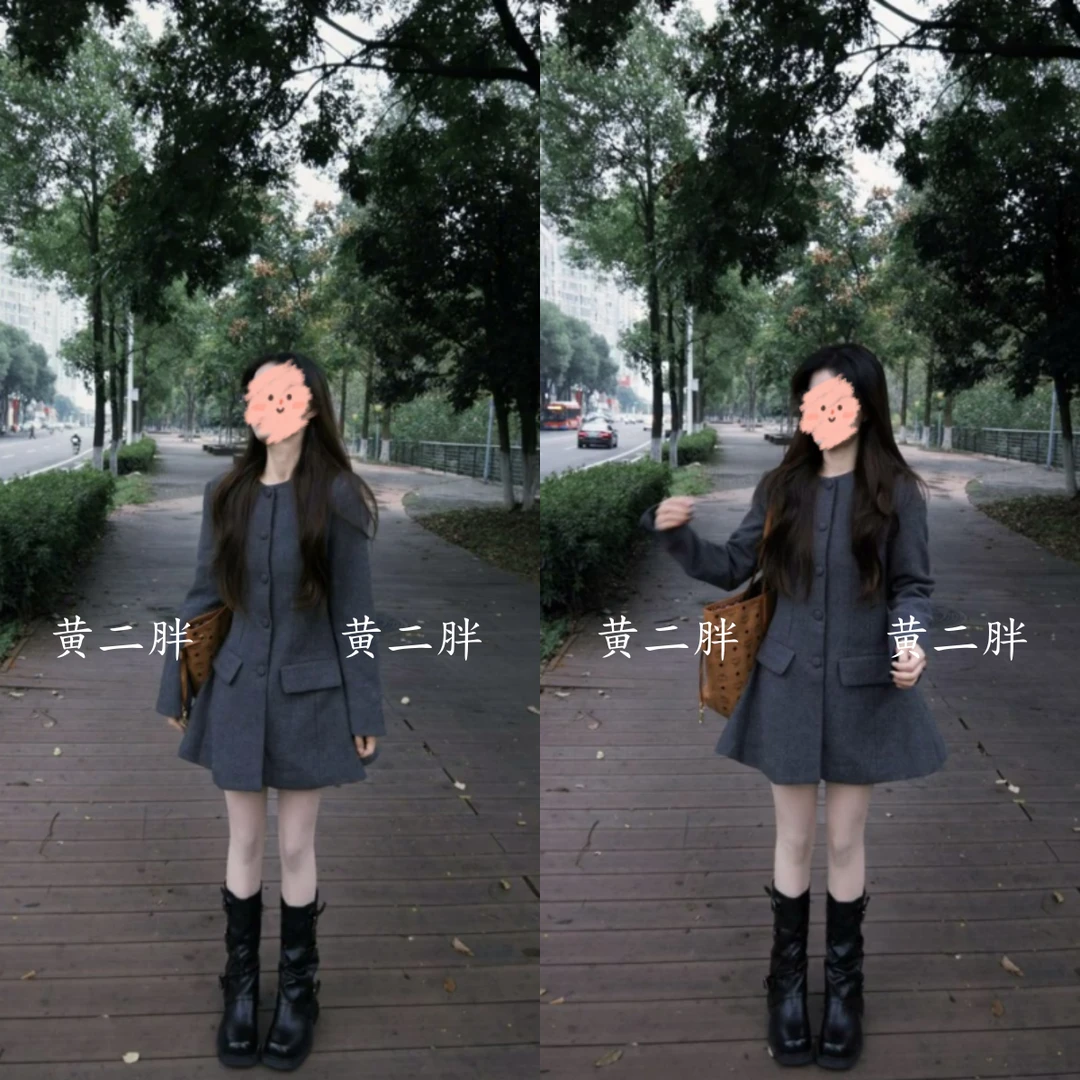 法式赫本风灰色毛呢外套女秋冬季新款高级感圆领单排扣上衣西装裙