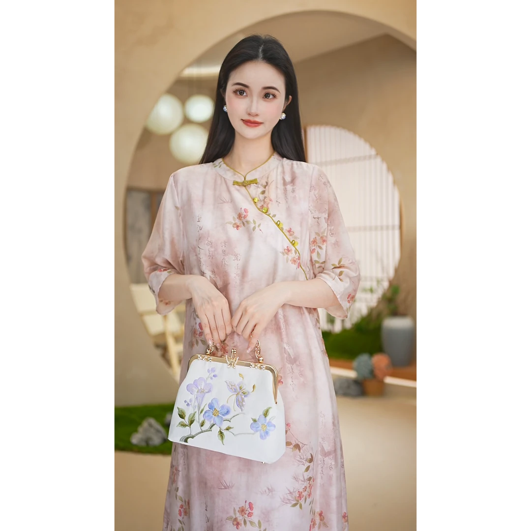 赠李白 原创中国风桑蚕丝显瘦时尚旗袍七分袖A字连衣裙6306