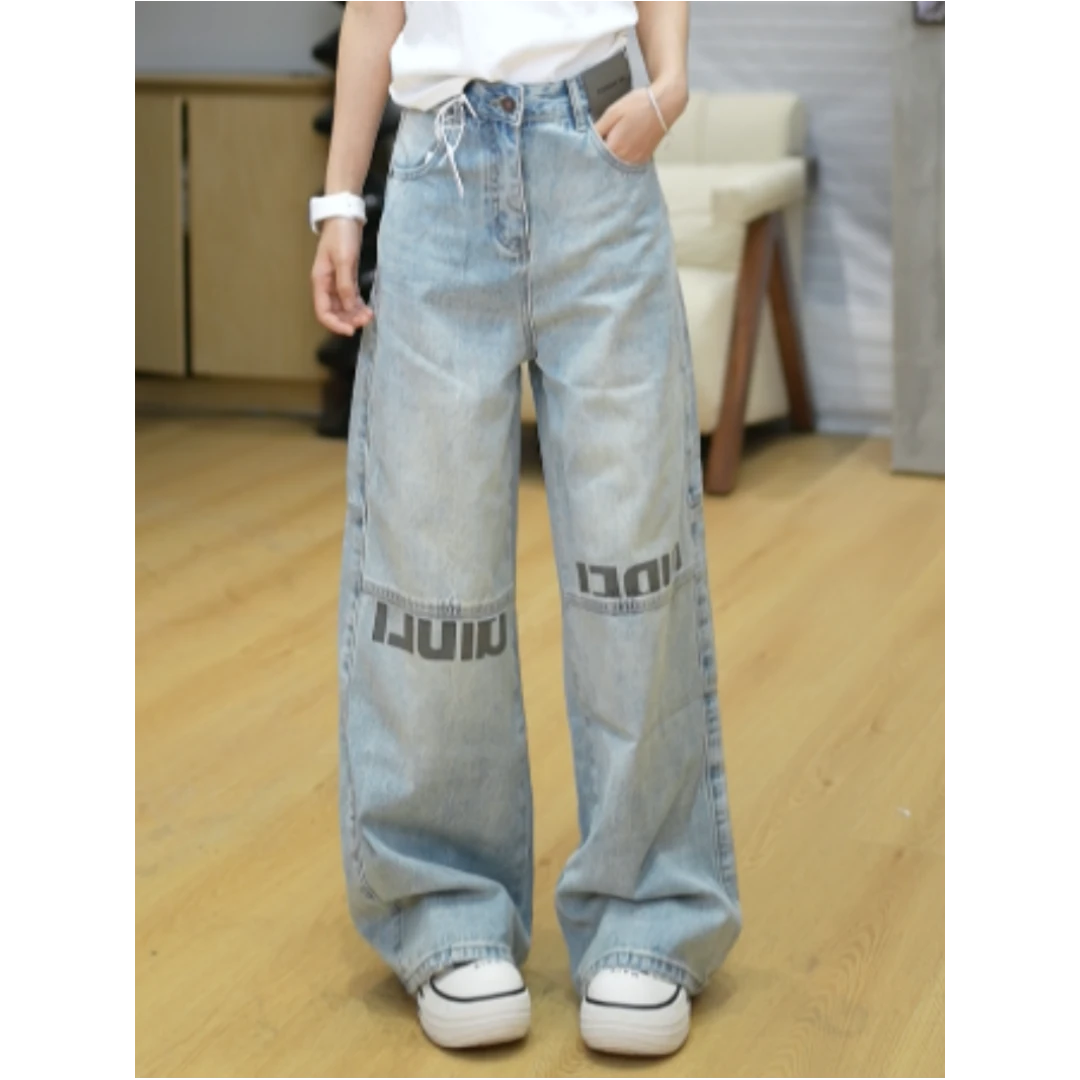 JIANGZHUO【字母设计】夏季字母拼接设计高腰显瘦直筒牛仔裤