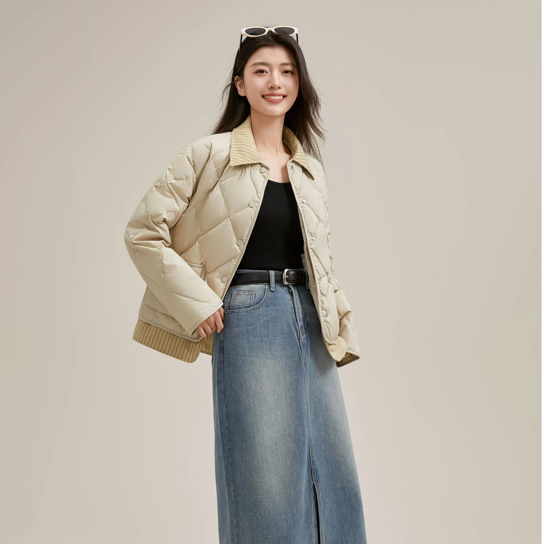 YAYA/鸭鸭短款翻领假两件版羽绒外套YE4A600965L