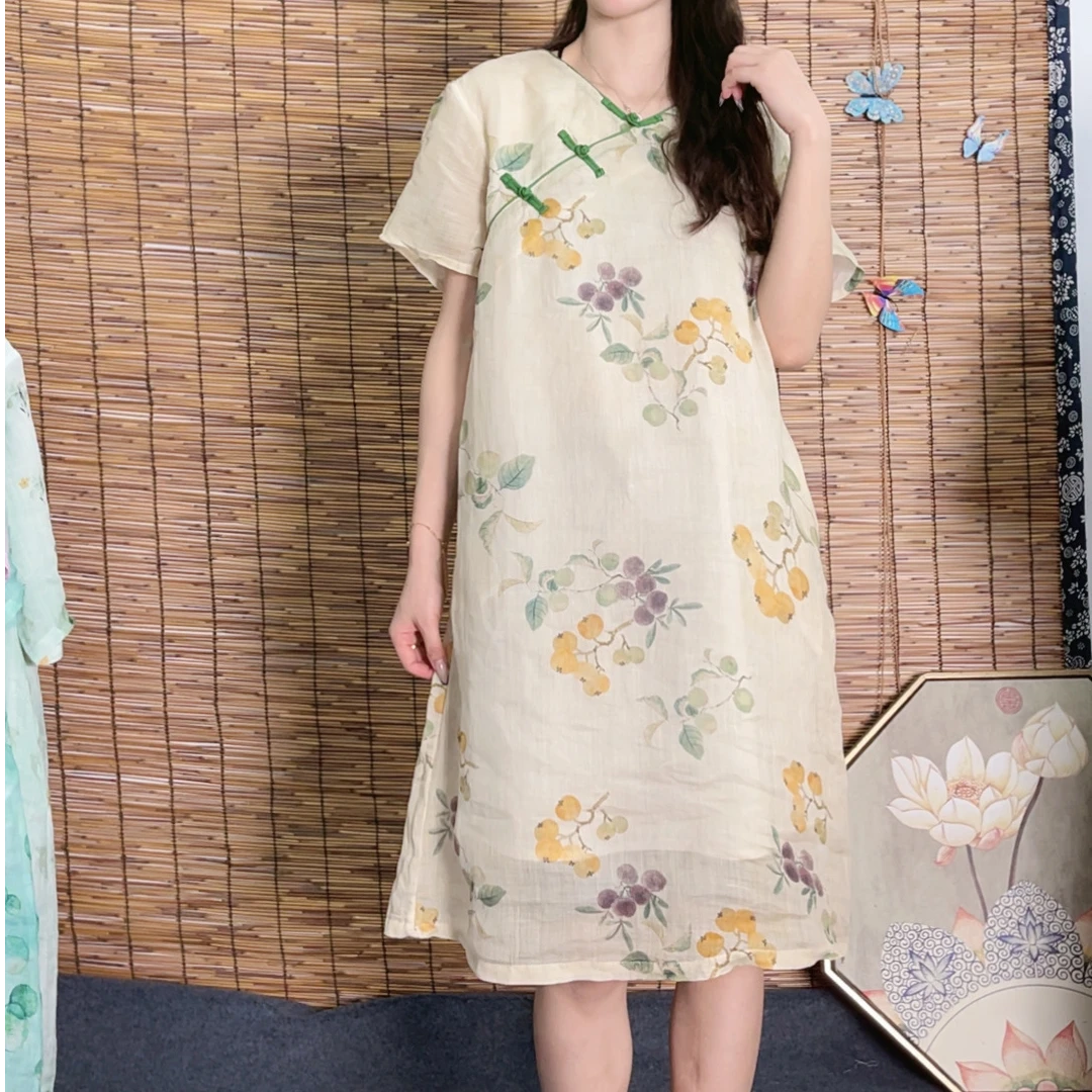 2025新款圆领原创印花新中式斜襟盘口春夏季苎麻改良旗袍