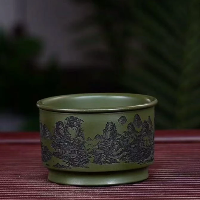 宜兴原矿紫砂   手工主人杯  老紫泥  精雕细刻  溪山 溪山清远