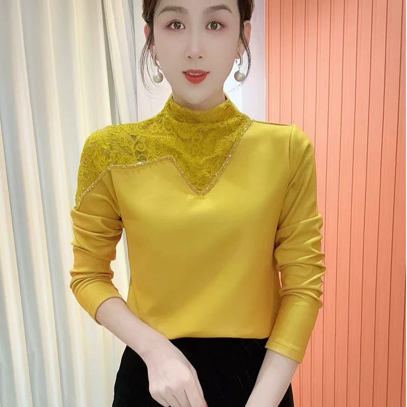 2025冬季新款半高领蕾丝钉珠气质百搭长袖加绒打底衫上衣女809