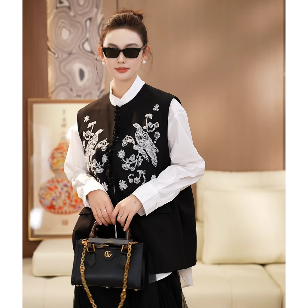 黑色丝毛中长款国风重工钉珠新中式刺绣百搭马甲