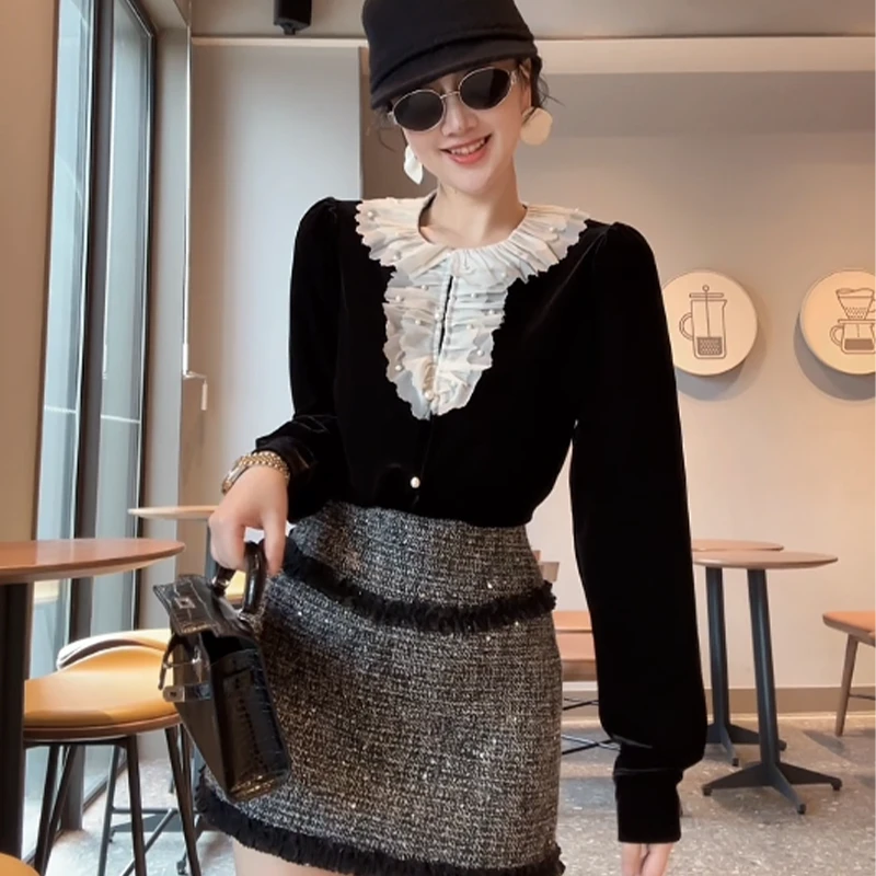 XIAOBAI早春时尚女装法式宽松型丝绒衬衫