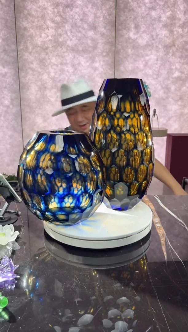 摆件璨石美学【浮光跃金】蓝色茶金凹面花器一组