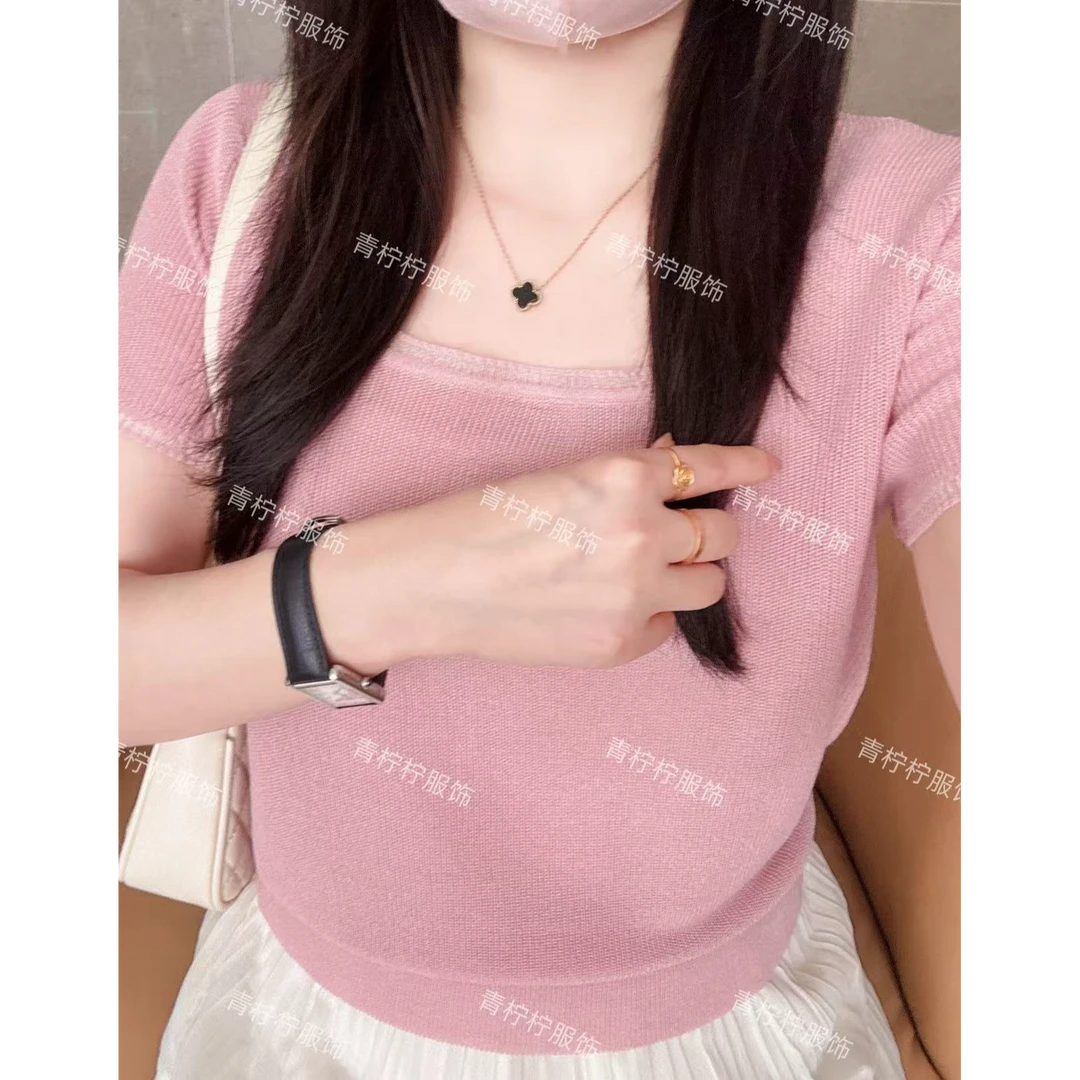 【初见】原创高级感设计夏季新款2025时尚短袖薄款方领针织上衣女C9