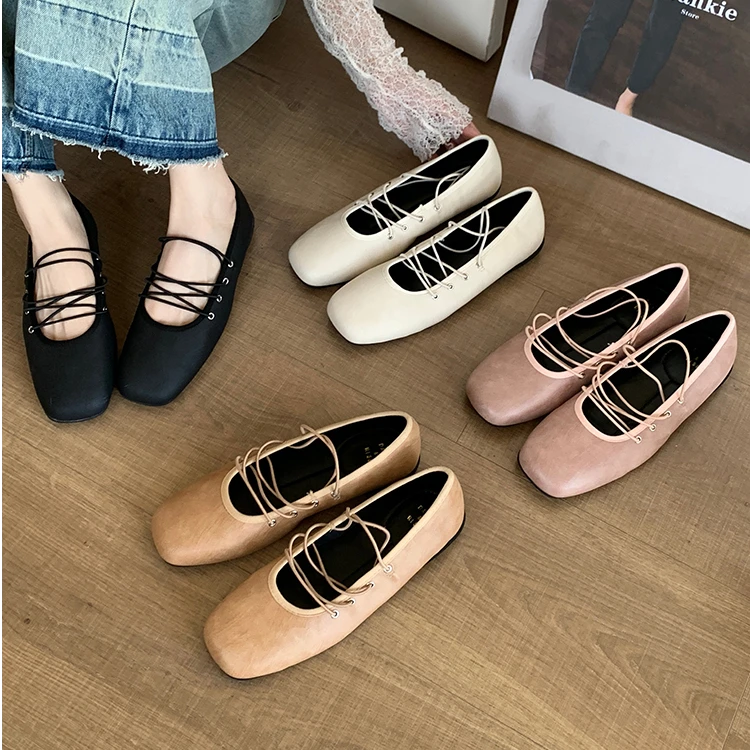 2025年春季新款方头细带芭蕾温柔粉色绑带单鞋女浅口软底玛丽珍鞋