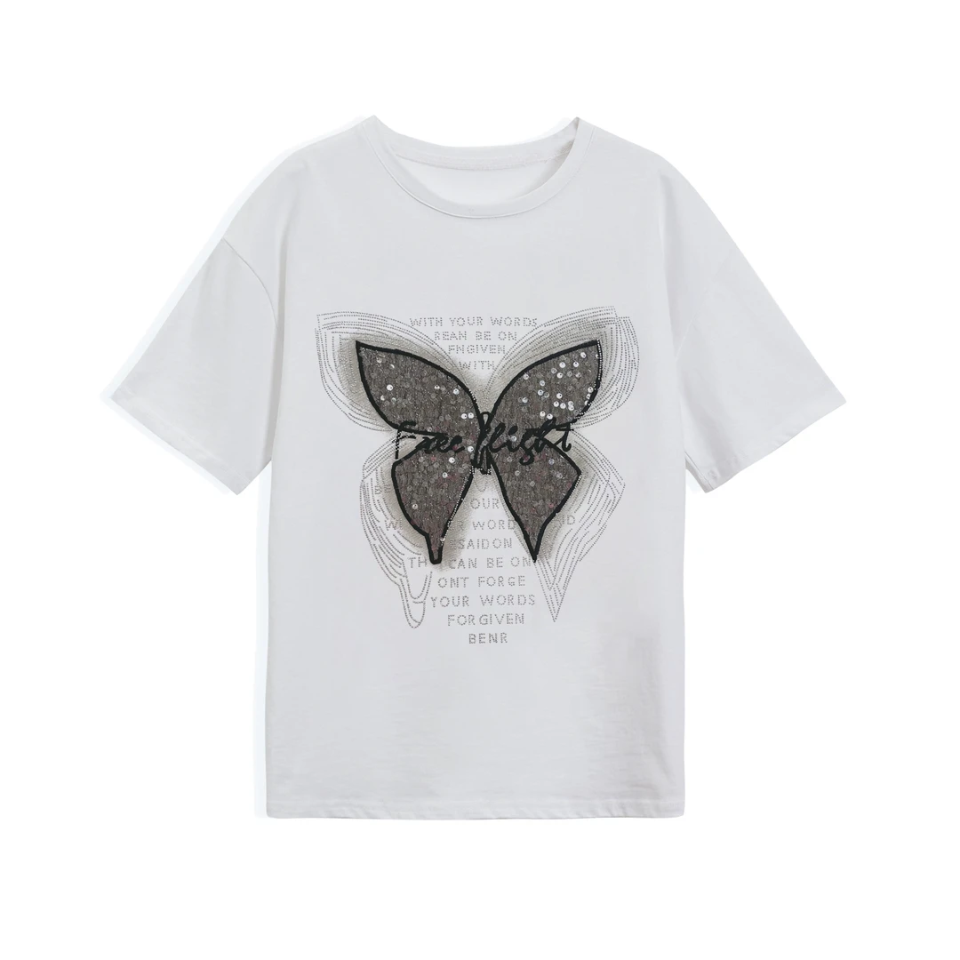 【清仓福利】百搭休闲时尚亮片蝴蝶结T恤上衣-B001