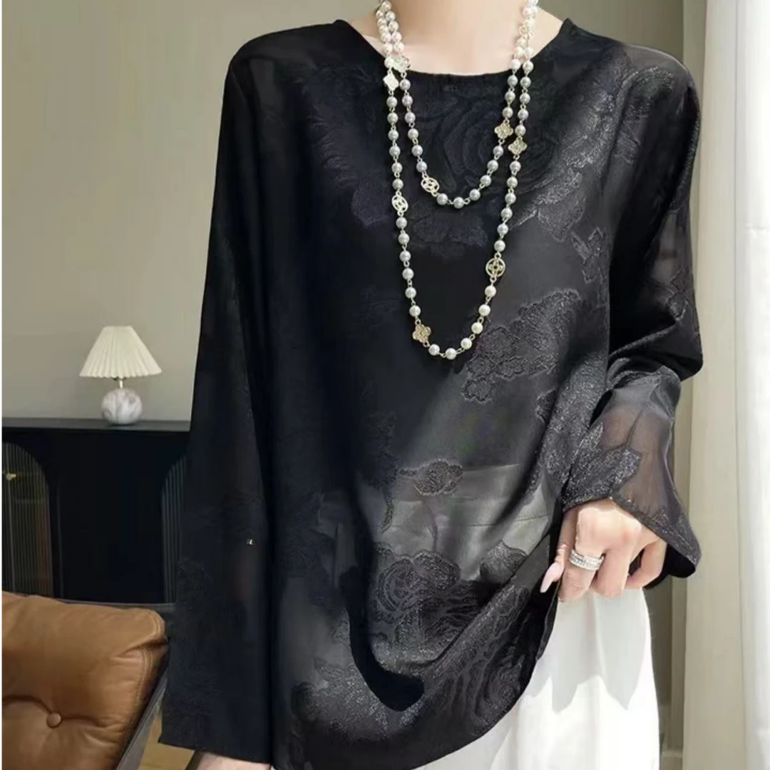 新款轻奢时尚减龄洋气百搭休闲暗纹提花春夏国风上衣