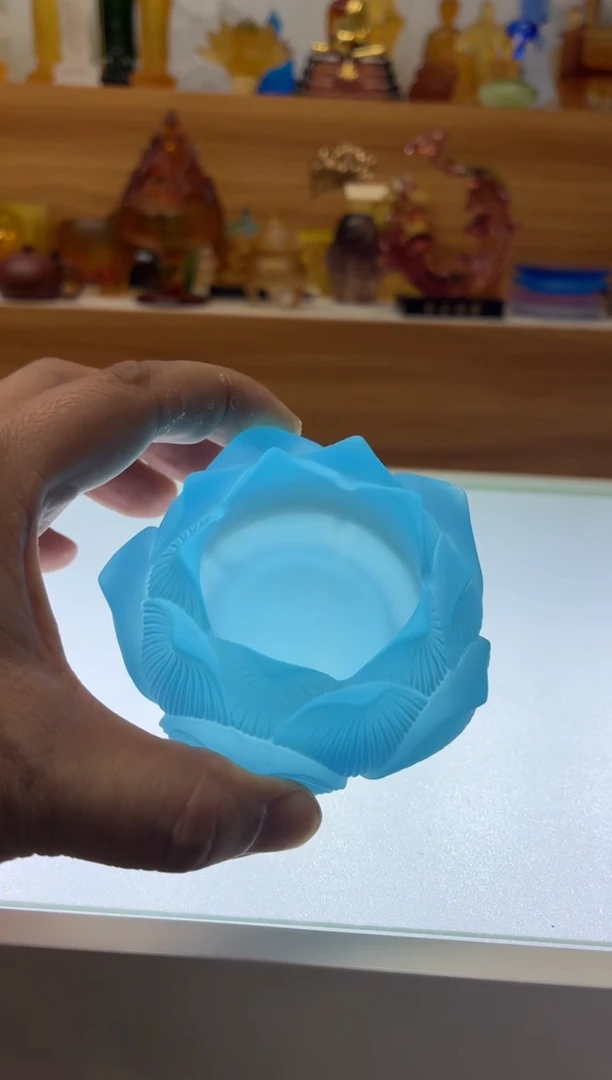 琉璃手工艺品8公分三层莲花烛台蓝色